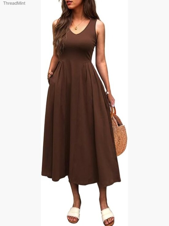 Dresses & Skirts - Sleeveless V-Neck Midi A-Line Dress with Pockets, Flowy Swing Sundress, Pleated